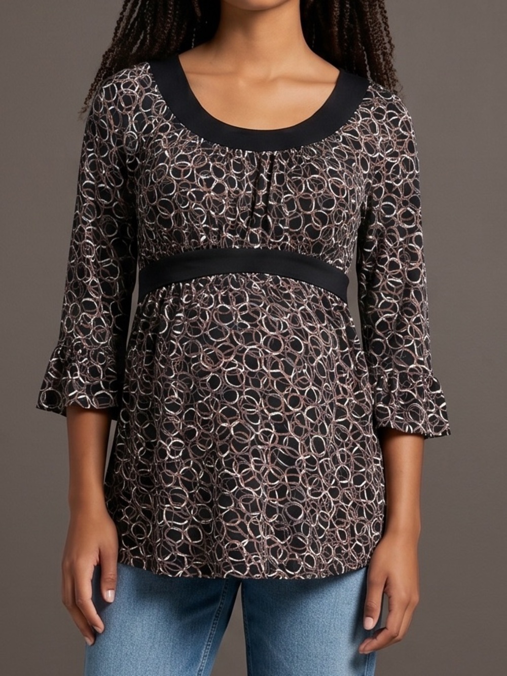 Motherhood Maternity Women’s Tunic Length Geometric Print Top in Black, Small
